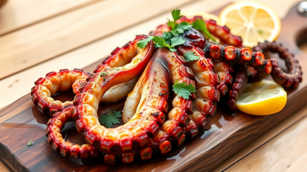 Perfectly Grilled Octopus Recipe Grilled octopus garnished with parsley and lemon on a rustic wooden board.